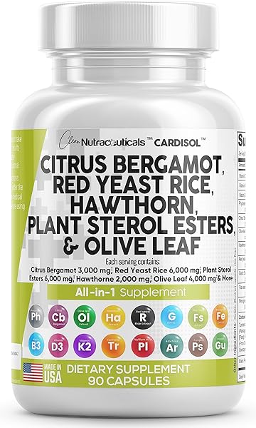 Clean Nutraceuticals Citrus Bergamot 3000mg Red Yeast Rice 6000mg Capsules with Plant Sterols 6000mg - with Hawthorn Extract Olive Leaf Niacin Vitamin K3 D3 COQ10 Guggul & More - USA Made in Pakistan