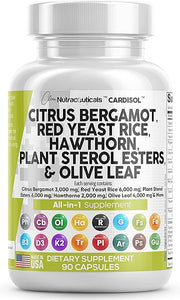 Clean Nutraceuticals Citrus Bergamot 3000mg Red Yeast Rice 6000mg Capsules with Plant Sterols 6000mg - with Hawthorn Extract Olive Leaf Niacin Vitamin K3 D3 COQ10 Guggul & More - USA Made in Pakistan