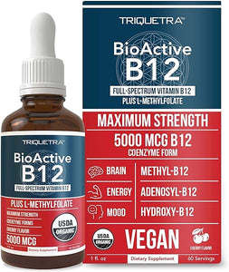 BioActive Vitamin B12 5000 mcg | Contains 3 BioActive B12 Forms Plus Methylfolate Cofactor - Methyl B12, Adenosyl B12 & Hydroxy B12 | Sublingual Form, Cherry Flavor, Organic, Vegan (60 Servings) in Pakistan