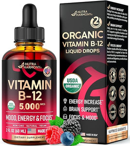 USDA Organic Vitamin B12 Sublingual Drops - 5000 mcg Liquid Vegan Methylcobalamin - Energy Boost, Focus & Mood, Metabolism & Brain Health Support - Maximize Absorption - 2 Month Supply, 2 fl oz in Pakistan