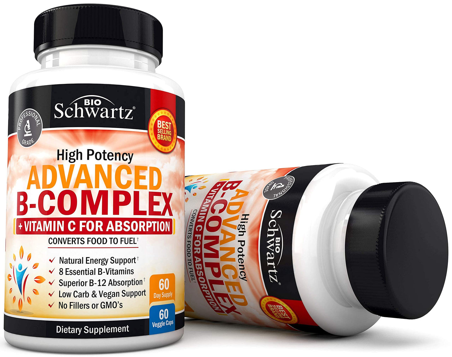 Vitamin B Complex with Vitamin C for Maximum Absorption - Methylcobalamin b12 & Folate Folic Acid Supplement - Vitamins B1 B2 B3 B5 B6 B7 B9 for Immune Energy & Nervous System Support - Non-GMO -60ct