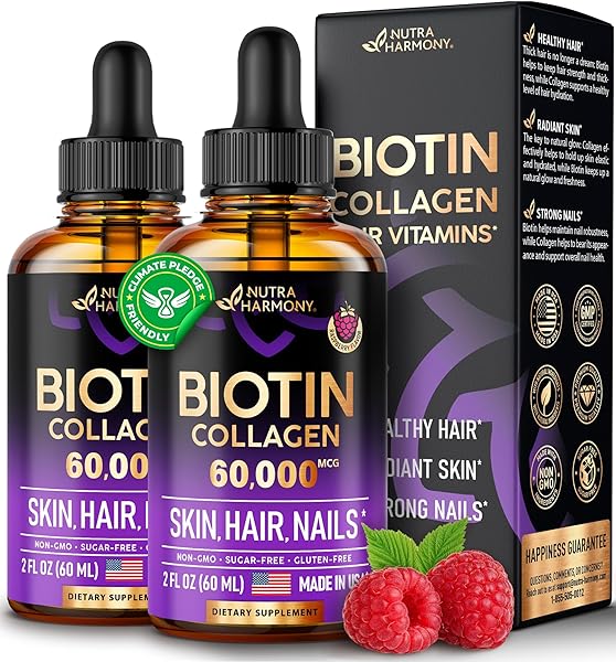 Liquid Biotin & Collagen - Vitamins for Hair Growth Support for Women & Men - Extra Strength 60000 mcg Drops - B7 Supplement - Strong Nails & Healthy Skin - 98% Faster Absorption Than Pills, Pack of 2 in Pakistan in Pakistan