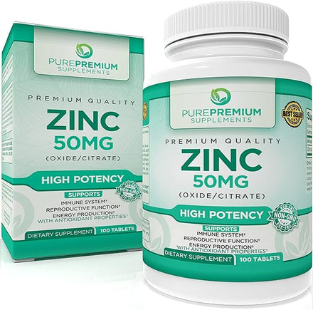 PurePremium Zinc 50mg - Immune Support Zinc Supplements for Men & Women - Vitamin Zinc Citrate/Oxide for Adults - High Potency Natural Antioxidant, Energy Production - 3 Months Supply - 100 Tablets in Pakistan