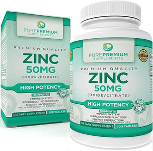 PurePremium Zinc 50mg - Immune Support Zinc Supplements for Men & Women - Vitamin Zinc Citrate/Oxide for Adults - High Potency Natural Antioxidant, Energy Production - 3 Months Supply - 100 Tablets in Pakistan