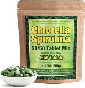 Premium Chlorella Spirulina 1,250 Tablets, Non-GMO, Vegan Organic Capsules, Sunlight Grown, Cracked Cell Wall, High Protein, Heavy Metal Detox in Pakistan