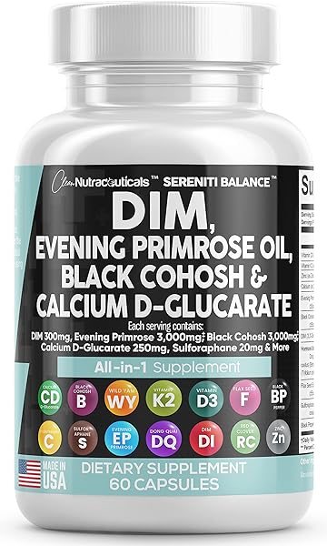 DIM 300mg Evening Primrose 3000mg Black Cohosh 3000mg Calcium D-Glucarate 250mg Sulforaphane Flax Seed Extract - Hormonal Balance Support Vitamins for Women with Dong Quai - Made in USA 60 Caps in Pakistan