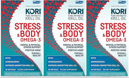 Kori Stress & Body Adaptogen Supplement - Krill Oil & Ashwagandha/Omega-3 Fatty Acids for Heart, Brain, Eye, & Joint Health/Occasional Stress, Mood, & Sleep Support / 80 softgels (Pack of 3) in Pakistan