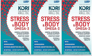 Kori Stress & Body Adaptogen Supplement - Krill Oil & Ashwagandha/Omega-3 Fatty Acids for Heart, Brain, Eye, & Joint Health/Occasional Stress, Mood, & Sleep Support / 80 softgels (Pack of 3) in Pakistan