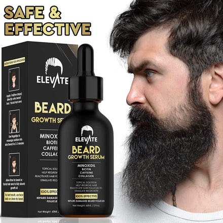 Elevate Beard Growth Oil 5% Minoxidil Hair Growth Serum with Biotin & Caffeine – Grow a Stronger Thicker Fuller Beard Faster – Natural Facial Hair Treatment for Grooming Thickening and Volume 2 Fl Oz 60mL