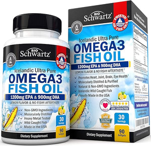 Omega 3 Fish Oil Supplement - 1200mg EPA and 900mg DHA Fatty Acid Per Serving from Wild Caught Fish - Supports Joint, Eyes, Brain & Skin Health - Burpless Lemon Flavor, Gluten-Free, 90 Softgels in Pakistan