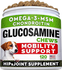 Glucosamine Treats for Dogs - Joint Supplement w/Omega-3 Fish Oil - Chondroitin, MSM - Advanced Mobility Chews - Joint Pain Relief - Hip & Joint Care - Chicken Flavor - 120 Ct - Made in USA in Pakistan