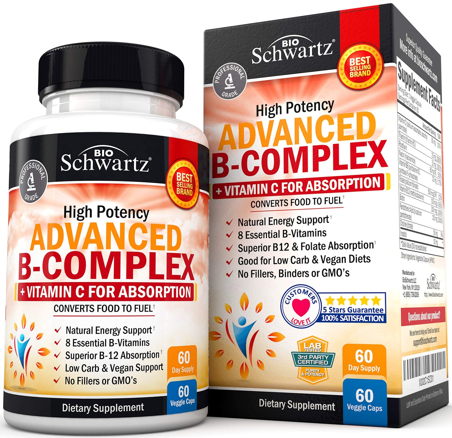 Vitamin B Complex with Vitamin C for Maximum Absorption - Methylcobalamin b12 & Folate Folic Acid Supplement - Vitamins B1 B2 B3 B5 B6 B7 B9 for Immune Energy & Nervous System Support - Non-GMO -60ct