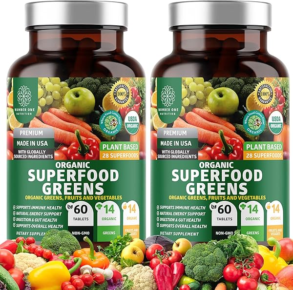 2-Pack N1N Premium Organic Green Superfood, Fruits & Veggies [28 Powerful Ingredients] Natural Supplement with Alfalfa, Beet Root & Tart Cherry for Energy, Immunity, Digestion, Made in USA, 120 Ct in Pakistan