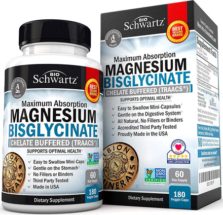 Magnesium Bisglycinate 100% Chelate No-Laxative Effect - Maximum Absorption & Bioavailability, Fully Reacted & Buffered - Healthy Energy Muscle Bone & Joint Support - Non-GMO Project Verified - 90ct