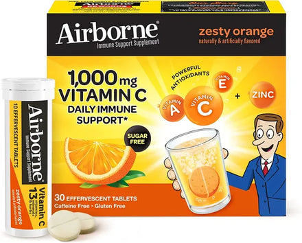 Airborne 1000mg Vitamin C with Zinc Effervescent Tablets, Immune Support Supplement with Powerful Antioxidants Vitamins A C & E - 30 Fizzy Drink Tablets, Zesty Orange Flavor