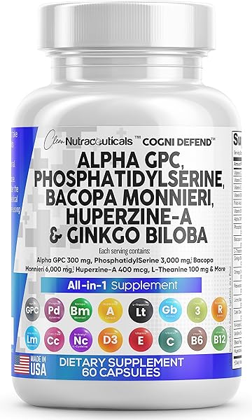 Alpha GPC Choline 300mg Phosphatidylserine 3000mg Bacopa Monnieri 6000mg Ginkgo Biloba 2000mg Huperzine A 400mcg Supplement with L Theanine Urdine Lions Mane Cats Claw NAC Vitamin C B D E - USA Made in Pakistan in Pakistan