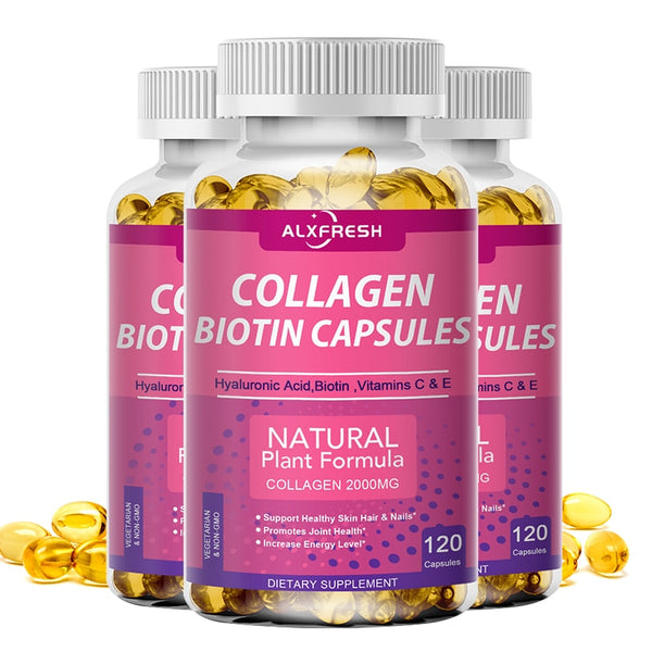 Alxfresh 3X Collagen Biotin Supplement Protein Support Anti Aging Strong Nails Shiny Hair Glowing Smooth Skin Vegan Capsules in Pakistan