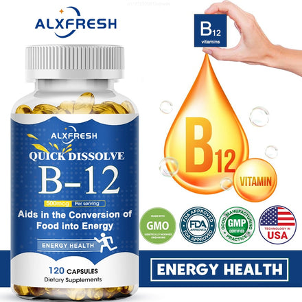 Alxfresh Vitamin B12 Capsule 500 Mcg Methyl B12 Organic Spirulina Supports Healthy Mood Energy Heart&Eye Vitamin B12 Supplement