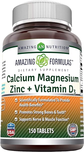 Amazing Formulas Calcium Magnesium Zinc D3 | 150 Tablets Supplement | Calcium 1000mg, Magnesium 400mg, Zinc 25mg, Vitamin D3 600 IU | Non-GMO | Gluten Free | Made in USA in Pakistan in Pakistan