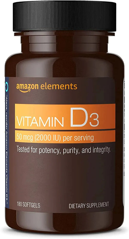 Amazon Elements Vitamin D3, 5000 IU, 180 Softgels, 6 month supply (Packaging may vary), Supports Strong Bones and Immune Health