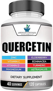 American Standard Supplements Quercetin 1000mg Per Serving with Zinc, Vitamin C, Vitamin D3, Magnesium, Elderberry, Echinacea, Turmeric, Astragalus - Gluten Free, Non-GMO, 120 Capsules, 40 Servings in Pakistan
