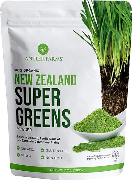 Antler Farms - 100% Pure Organic New Zealand Super Greens Powder, 40 Servings, 200g - Wheat Grass, Barley Grass, Chlorella, Spirulina - Vegan, Gluten Free, Chlorophyll Rich, for Energy and Detox in Pakistan