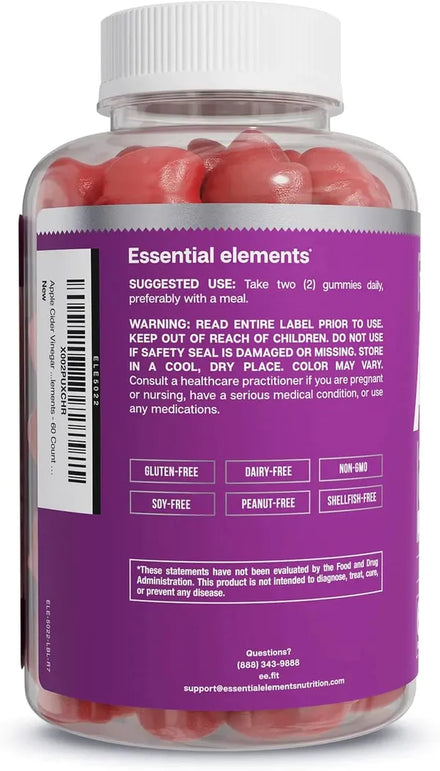 Apple Cider Vinegar Gummies from The Mother - Naturally-Sourced, Vegan ACV with Folic Acid and Vitamin B6 & B12 | by Essential Elements - 60 Count