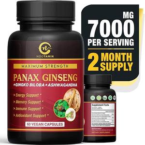Authentic Korean Red Panax Ginseng 7000mg + Ginkgo Biloba + Ashwagandha for Energy, Strength, Focus, Memory for Men and Women 60 Vegan Capsules in Pakistan