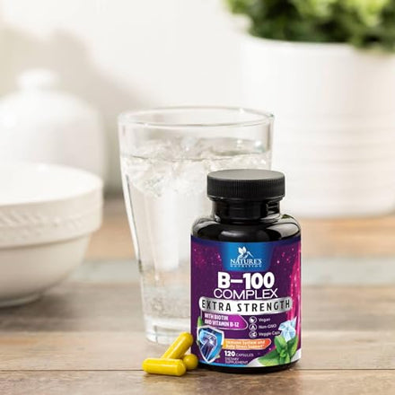 B Complex Vitamins with Vitamin C & Folic Acid - Dietary Supplement for Energy, Immune, & Brain Support - Nature's Super B Vitamin Complex for Women and Men, Made with Folate - 120 Vegetarian Capsules