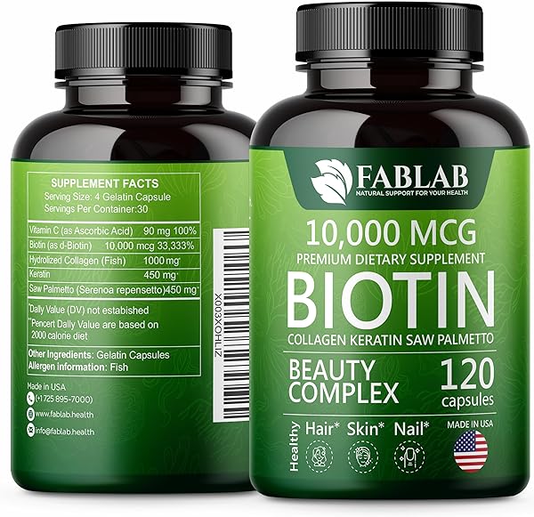 Biotin 10000 mcg Vitamins with Collagen, Keratin & Saw Palmetto for Women and Men - Biotin Hair Skin Nails Supplement for Hair, Skin, and Nails Wellness - Made in USA, 120 Capsules in Pakistan in Pakistan