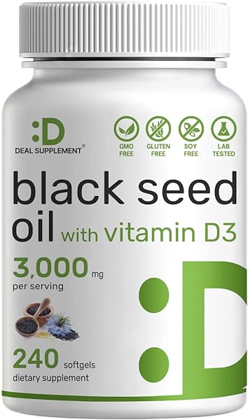Black Seed Oil 3000mg with Vitamin D3 2000IU Per Serving, 240 Softgels, Cold-Pressed Nigella Sativa, Naturally Occurring Thymoquinone (TQ), Non-GMO | No Gluten | Black Cumin Seed Liquid Capsules in Pakistan in Pakistan