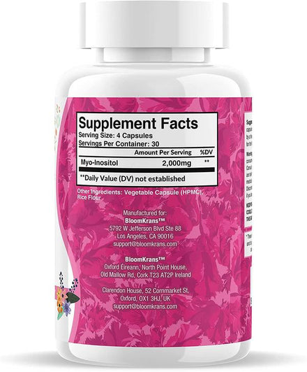Bloom Krans Inositol Fertility Supplements for Women, Myo Inositol Supplement for Hormonal Balance and Fertility Support, 2000mg Inositol Capsules, 120 Pills, 30 Day Supply, 1-Pack