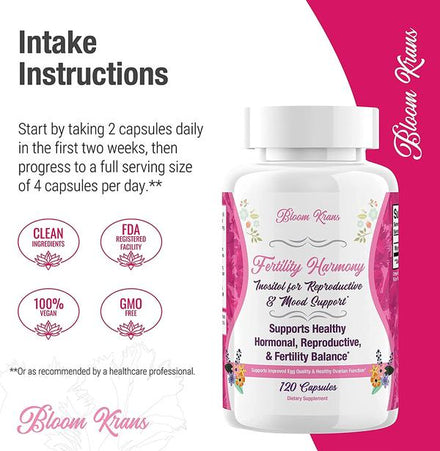 Bloom Krans Inositol Fertility Supplements for Women, Myo Inositol Supplement for Hormonal Balance and Fertility Support, 2000mg Inositol Capsules, 120 Pills, 30 Day Supply, 1-Pack
