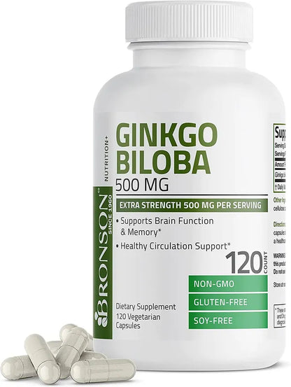 Bronson Ginkgo Biloba 500mg Extra Strength 500mg per Serving - Supports Brain Function & Memory Support, 120 Vegetarian Capsules