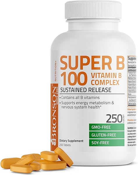 Bronson Super B 100 Vitamin B Complex Sustained Release Contains All B Vitamins (Vitamin B1, B2, B3, B6, B9 - Folic Acid, B12) Supports Energy Metabolism & Nervous System Health, Non-GMO, 250 Tablets in Pakistan in Pakistan