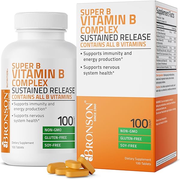 Bronson Super B Vitamin B Complex Sustained Slow Release (Vitamin B1, B2, B3, B6, B9 - Folic Acid, B12) Contains All B Vitamins 100 Tablets in Pakistan in Pakistan