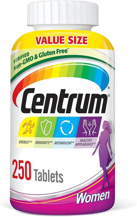Centrum Multivitamin for Women, Multivitamin/Multimineral Supplement with Iron, Vitamin D3, B Vitamins and Antioxidant Vitamins C and E, Gluten Free, Non-GMO Ingredients - 250 Count