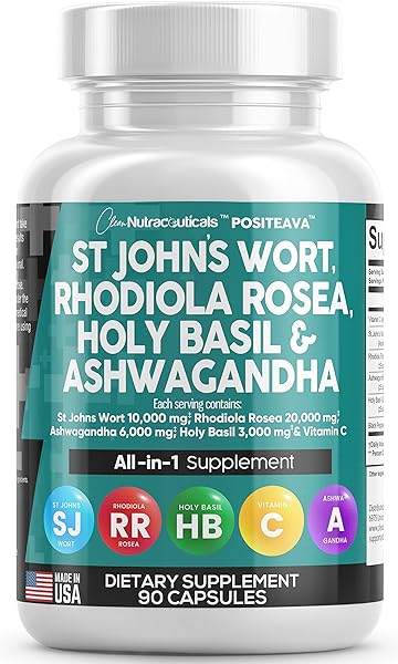 Clean Nutraceuticals St Johns Wort 10000mg Rhodiola Rosea 20000mg Holy Basil 3000mg Ashwagandha 6000mg - Mood Support for Women and Men with Vitamin C & Black Pepper Extract - Made in USA 90 Caps in Pakistan in Pakistan