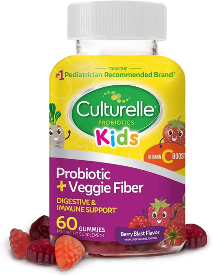 Culturelle Daily Probiotic for Kids + Veggie Fiber Gummies (Ages 3+) - 30 Count - Digestive Health & Immune Support – Berry Flavor with a Vitamin C Boost