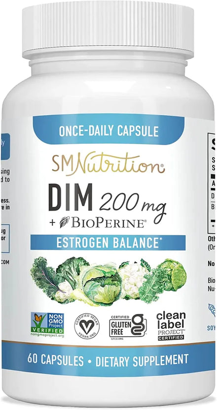 DIM Supplement 200 mg | Estrogen Balance for Women & Men | Hormone Balance, Hormonal Acne Supplements, Menopause Support by SM Nutrition | Vegan, Soy Free