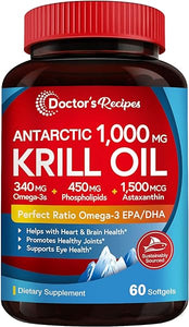 Doctor's Recipes Antarctic Krill Oil, 60 Softgels 1000mg, DHA:EPA at 1:2 Perfect Ratio, 1.5mg Astaxanthin, Clean Extraction, No Fish Taste, Joint, Brain, Eye Health, Non-GMO in Pakistan