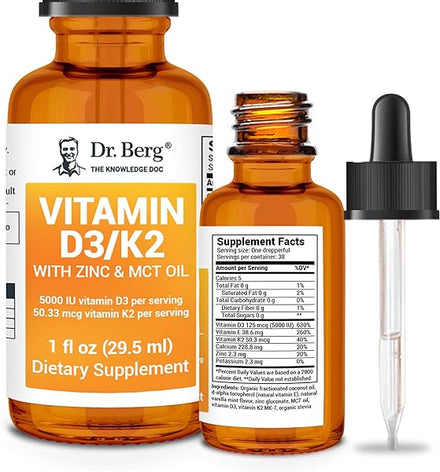 Dr. Berg Vitamin D3 K2 with Zinc & MCT Oil Liquid Supplement - Liquid Vitamin D3 with K2 for Bone & Teeth Strength, Mood, Immune & Heart Health D3 K2 Drops - Vitamin D3 K2 Drops for Adults - 1 fl oz in Pakistan