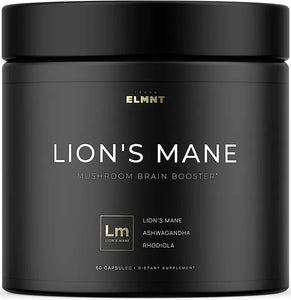 ELMNT 20,000mg 16x Strength Lions Mane Supplement Nootropic w. Ashwagandha & Rhodiola | 50% Polys Lion's Mane Extract Max Potency Mushroom Supplement Capsules Nootropics Brain Support Focus Supplement
