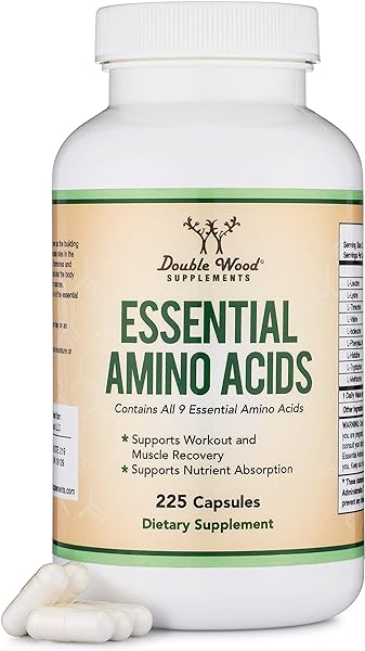 Essential Amino Acids - 1 Gram Per Serving Powder Blend of All 9 Essential Aminos (EAA) and all Branched-Chain Aminos (BCAAs) (Leucine, Isoleucine, Valine) 225 Capsules by Double Wood Supplements in Pakistan in Pakistan