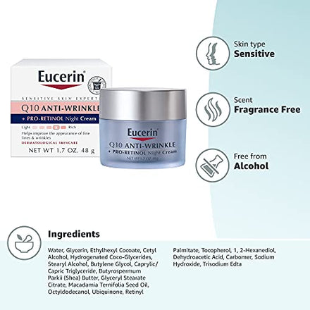 Eucerin Q10 Anti-Wrinkle Night Cream + Pro-Retinol, Facial Cream for Sensitive Skin, 1.7 Oz Jar