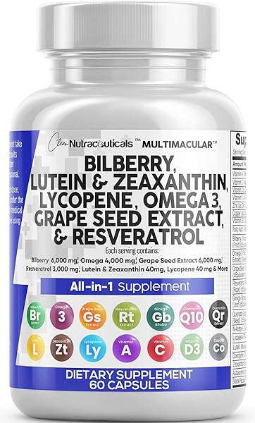 Eye Health Vitamins with Bilberry 6000mg Lutein & Zeaxanthin 40mg Lycopene 40mg Resveratrol 3000mg Grape Seed Extract 6000mg Omega 3 4000mg Astaxanthin - Eye Vitamin - 60 Capsules in Pakistan in Pakistan