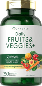Fruits and Veggies Supplement | 250 Capsules | Made with 32 Fruits and Vegetables | Vegetarian, Non-GMO, Gluten Free Superfood Formula | by Carlyle