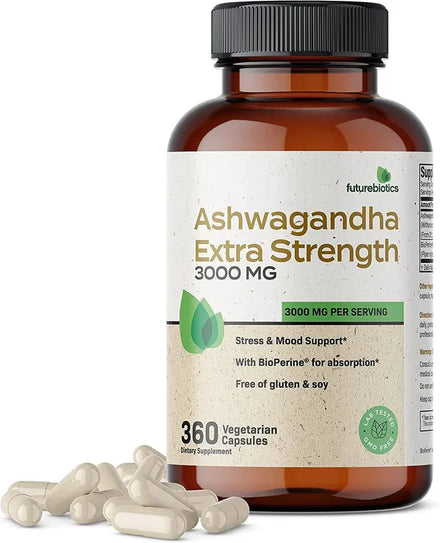 Futurebiotics Ashwagandha Capsules Extra Strength 3000mg - Stress Relief Formula, Natural Mood Support, Stress, Focus, and Energy Support Supplement, 120 Capsules