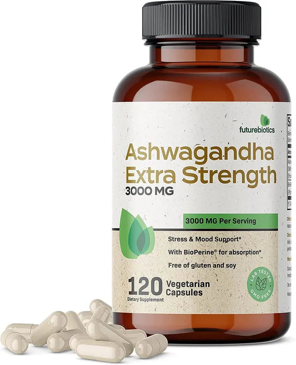 Futurebiotics Ashwagandha Capsules Extra Strength 3000mg - Stress Relief Formula, Natural Mood Support, Stress, Focus, and Energy Support Supplement, 120 Capsules