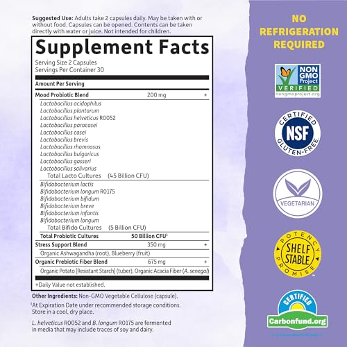 Garden of Life Dr. Formulated Probiotics Mood+ Acidophilus Probiotic Supplement - Promotes Emotional Well-Being, Relaxation and Digestive Balance - Ashwagandha for Stress Management, 60 Veggie Caps